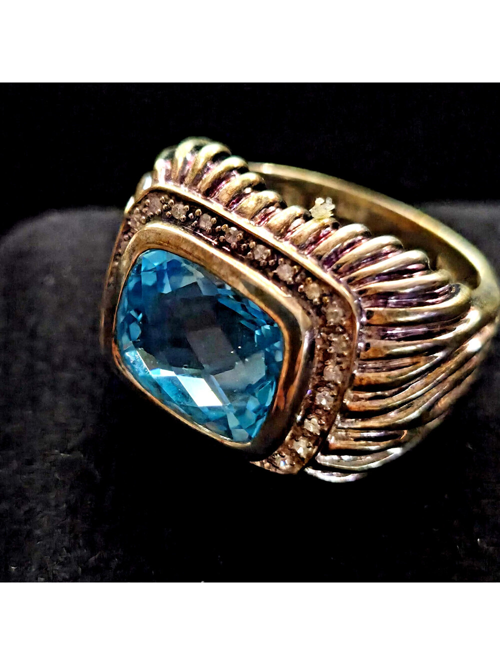 Judith Ripka Sterling 6ct Blue Topaz .10ct Diamond Ring Size 8 QVC Vintage